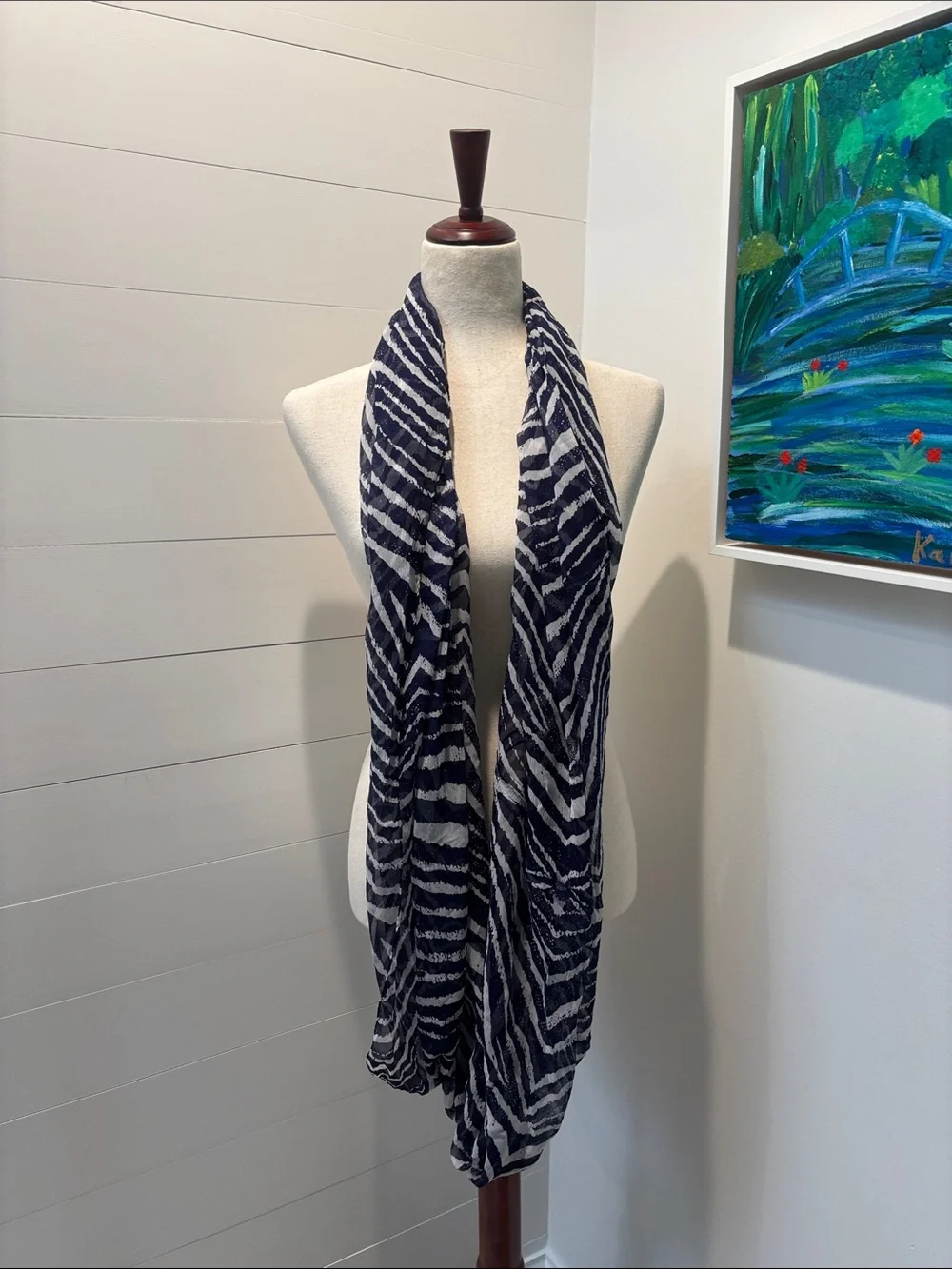 Coach Navy and White Abstract Stripe Infinity Scarf